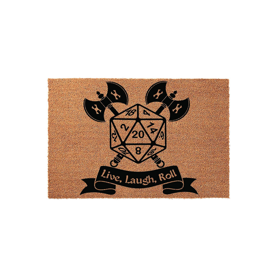 Dungeons and Dragons themed coir doormat featuring a black printed graphic of a twenty-sided die crossed with two battle axes and a banner below that reads Live, Laugh, Roll, set against a natural brown textured fiber background.