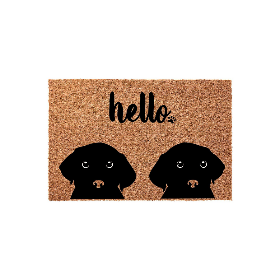 Black Labrador Dog Welcome Doormat featuring a natural coir texture with two black dog silhouettes at the bottom and the word hello printed in a playful script font above them, creating a charming entryway decor piece for pet