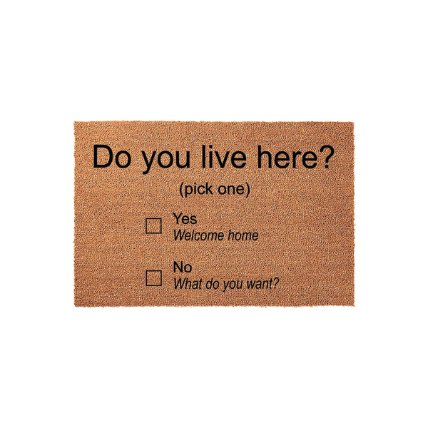 Funny Do You Live Here Doormat featuring a humorous checklist design on a natural coir fiber mat, with checkboxes for Yes Welcome Home or No What Do You Want, making it a witty and functional front porch decor piece for any home