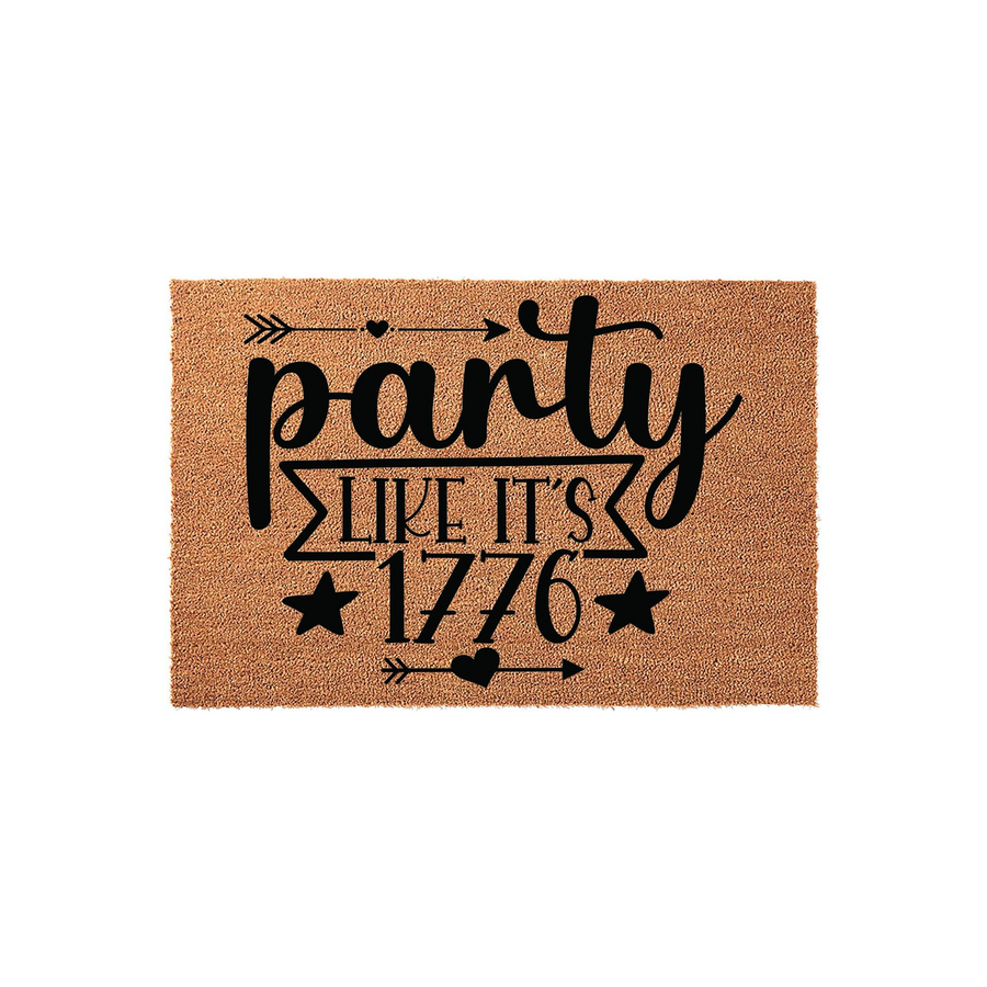Party Like It's 1776 coir doormat featuring a rustic brown natural fiber texture with bold black typography, decorative arrows, and stars that create a festive patriotic entrance for your home decor during the Fourth of July