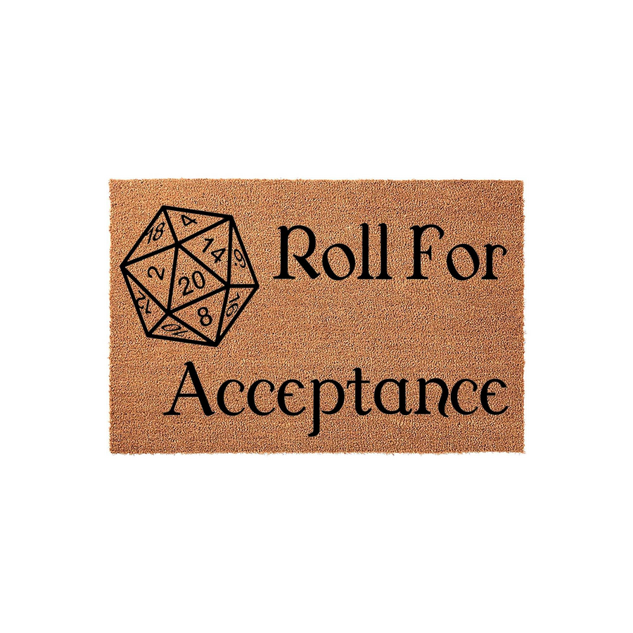Dungeons and Dragons themed doormat featuring a natural coir texture with a black printed twenty-sided die icon and the text Roll For Acceptance, making a fun gaming decor piece for any tabletop RPG fan's home entrance or gaming
