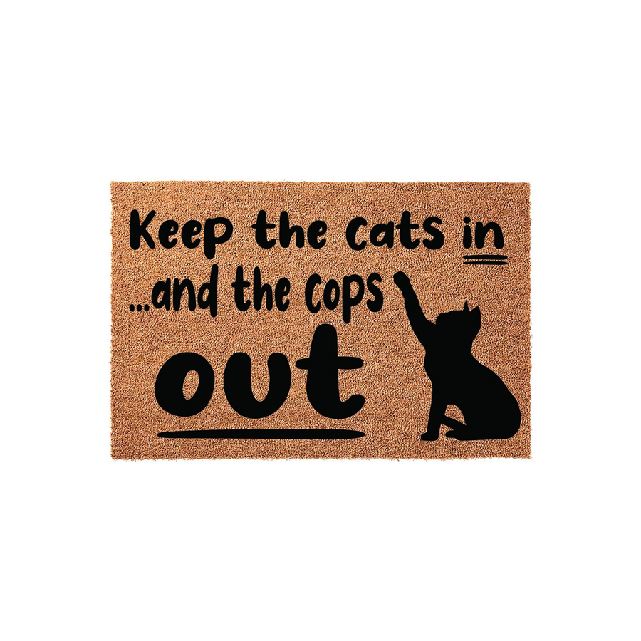 Funny Cat Lover Coir Doormat featuring a silhouette of a cat reaching up with the text Keep the cats in and the cops out printed in bold black lettering on a natural brown textured fiber background for a humorous entryway decor.