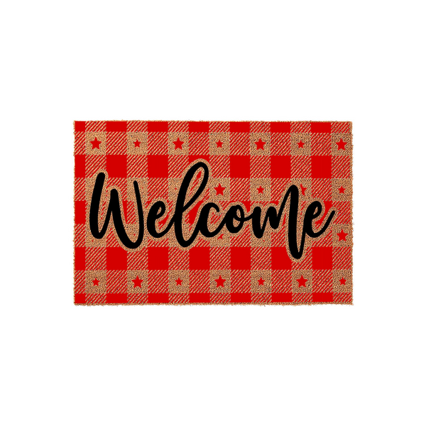 Red Buffalo Plaid Welcome Doormat featuring a festive holiday pattern with small red stars printed over a natural coir texture, centered with the word Welcome in a bold black script font against a clean white studio background.