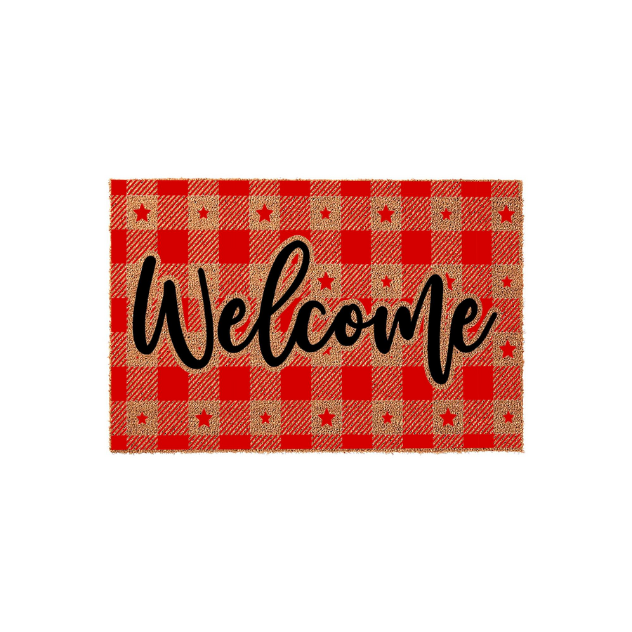 Red Buffalo Plaid Welcome Doormat featuring a festive holiday pattern with small red stars printed over a natural coir texture, centered with the word Welcome in a bold black script font against a clean white studio background.