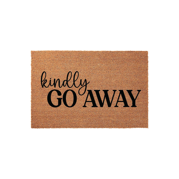 Kindly Go Away Coir Doormat featuring a natural brown fiber texture with bold black text printed in a mix of script and block fonts, creating a humorous and welcoming entrance piece for your front porch or home entryway decor.