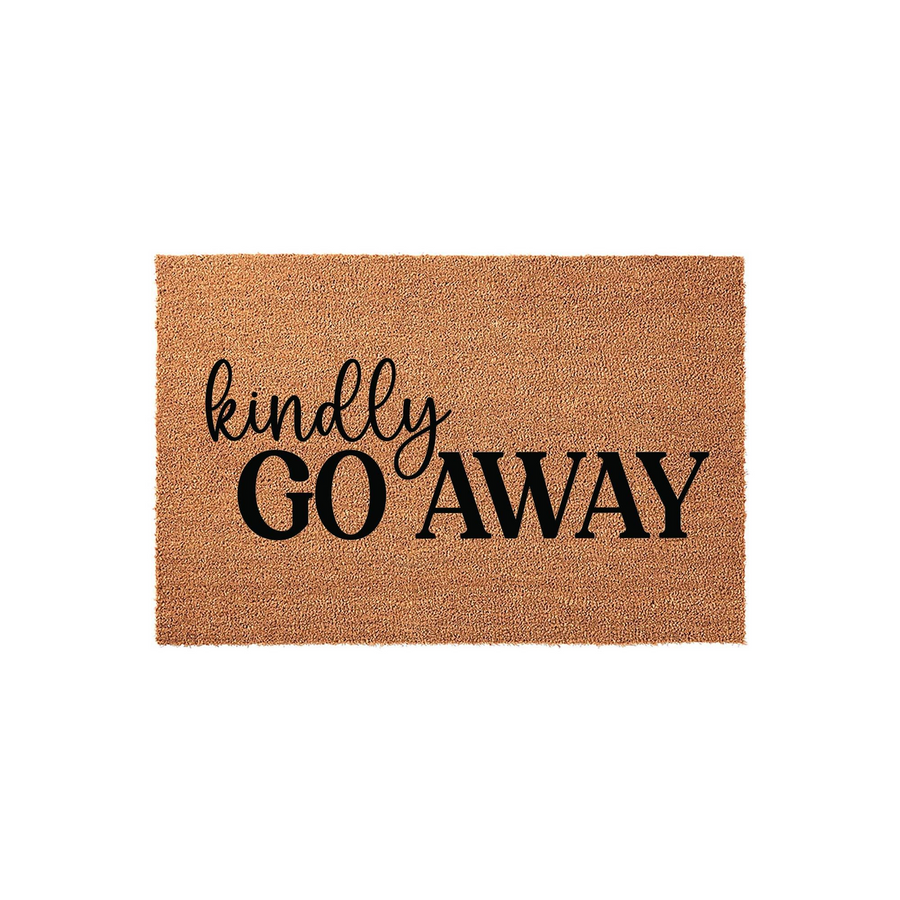 Kindly Go Away Coir Doormat featuring a natural brown fiber texture with bold black text printed in a mix of script and block fonts, creating a humorous and welcoming entrance piece for your front porch or home entryway decor.