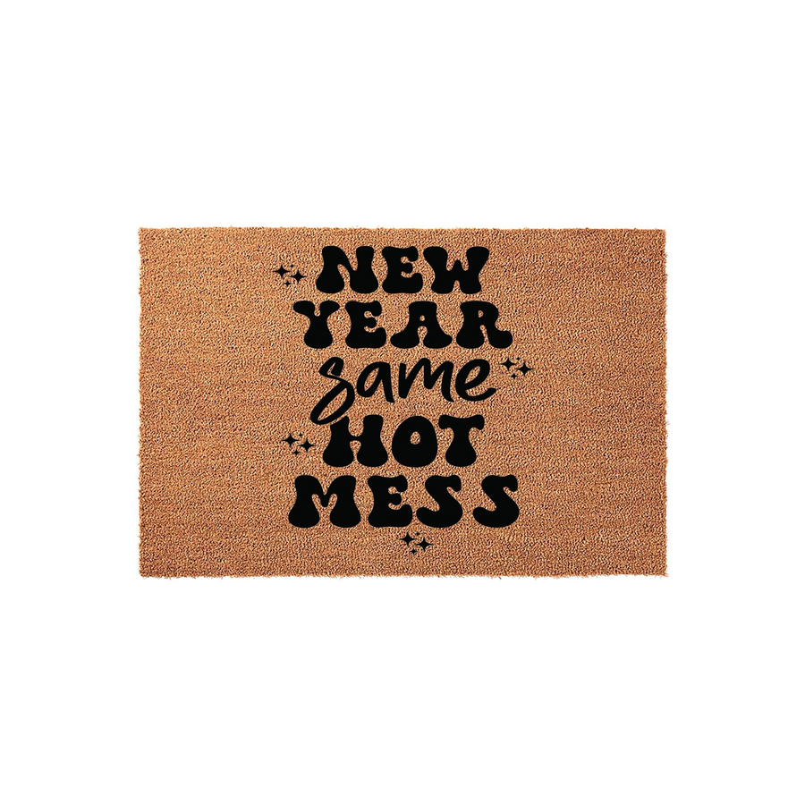 New Year Same Hot Mess coir doormat featuring bold, retro-style black typography printed on a natural tan coconut fiber background, accented with small star icons to create a fun and festive entryway decor piece for the holiday