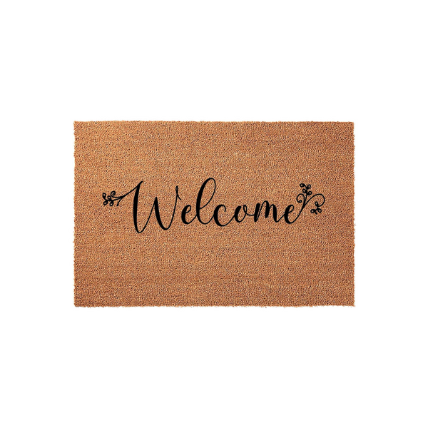 Welcome coir doormat featuring a natural tan fiber texture and elegant black script lettering centered on the mat, providing a classic and inviting look for your front porch entryway decor on a clean white background.