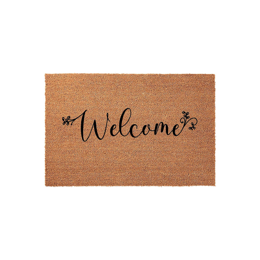 Welcome coir doormat featuring a natural tan fiber texture and elegant black script lettering centered on the mat, providing a classic and inviting look for your front porch entryway decor on a clean white background.