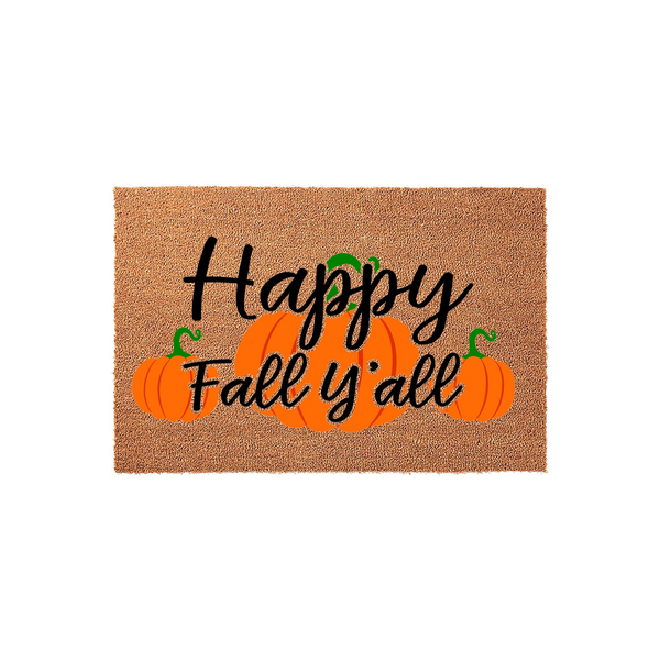 Happy Fall Y'all Pumpkin Doormat featuring a natural coir texture with a festive orange pumpkin design and black cursive lettering, creating a welcoming seasonal entryway decor piece for your front porch during the autumn season.
