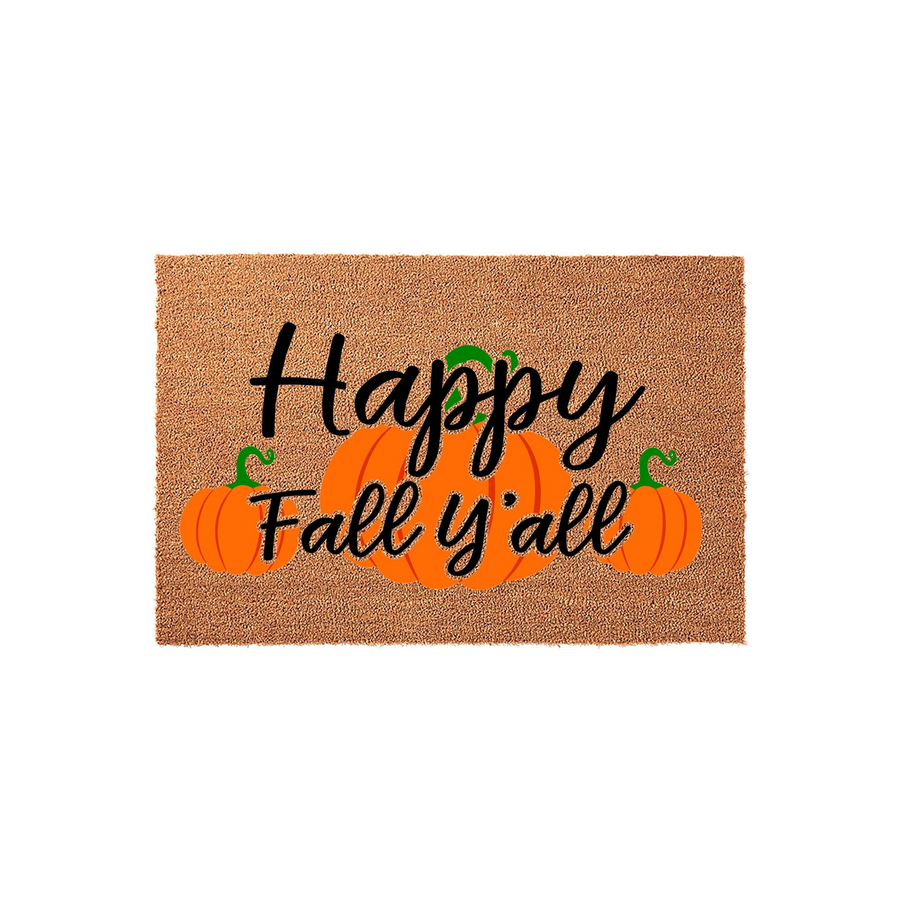 Happy Fall Y'all Pumpkin Doormat featuring a natural coir texture with a festive orange pumpkin design and black cursive lettering, creating a welcoming seasonal entryway decor piece for your front porch during the autumn season.