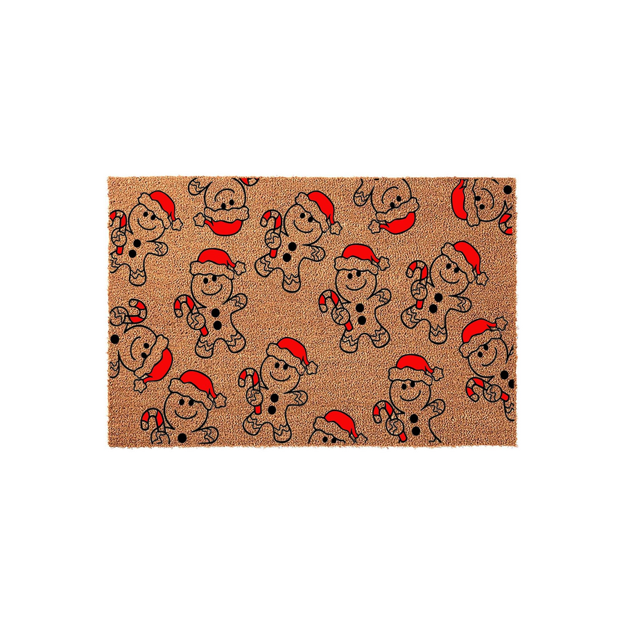 Gingerbread Man Christmas Doormat featuring a repeating pattern of cute gingerbread cookies wearing red Santa hats and holding candy canes on a natural coir background, perfect for festive holiday home decor and entryway styling.