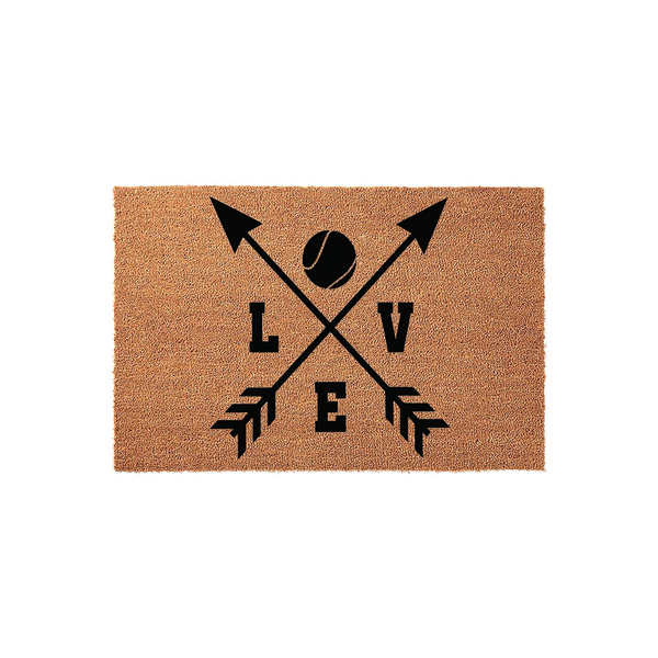 Tennis Love Coir Doormat featuring a natural brown fiber texture with a black graphic of two crossed arrows, a tennis ball, and the word LOVE printed in a bold, blocky font centered on a clean, isolated white background.
