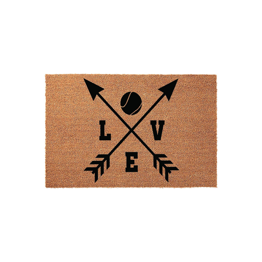 Tennis Love Coir Doormat featuring a natural brown fiber texture with a black graphic of two crossed arrows, a tennis ball, and the word LOVE printed in a bold, blocky font centered on a clean, isolated white background.