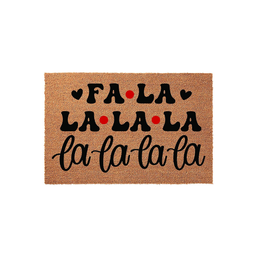 Fa La La Christmas Doormat featuring festive black lettering and red polka dot accents on a natural coir fiber background, creating a cheerful holiday entryway decor piece that welcomes guests to your home during the winter