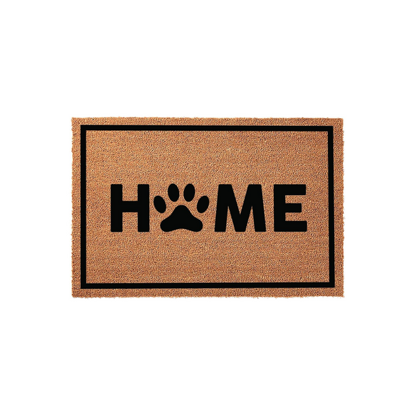 Paw Print Home Coir Doormat featuring a natural tan fiber texture with a black border and the word HOME printed in bold black letters, where the letter O is replaced by a cute dog paw print for a pet lover entryway decor style.