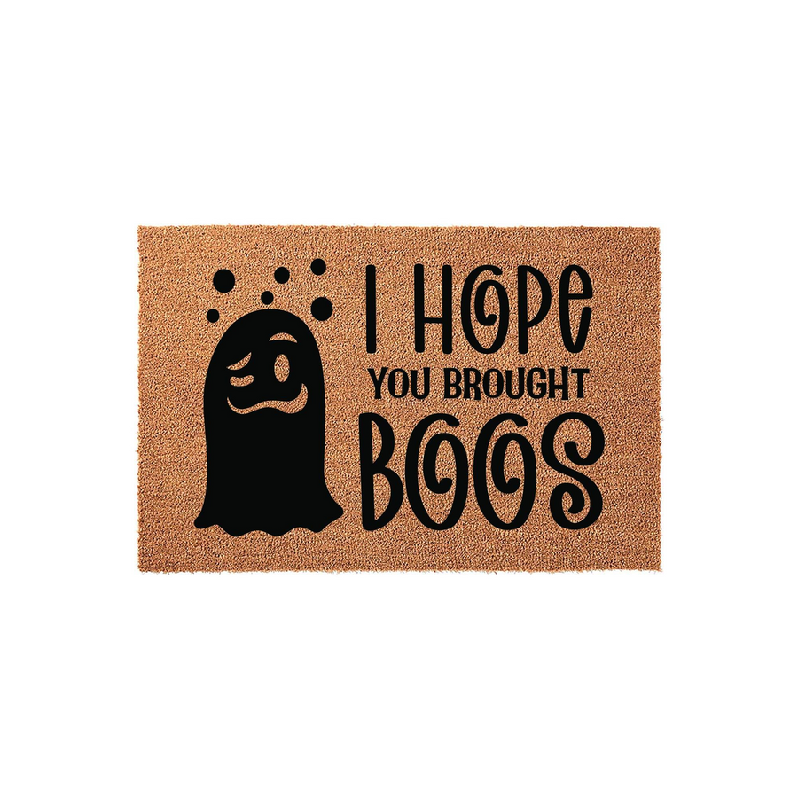 Halloween Ghost Coir Doormat featuring a black silhouette of a cute ghost and the text I Hope You Brought Boos, set against a natural tan textured coir background for a fun and festive seasonal entryway decoration for your front