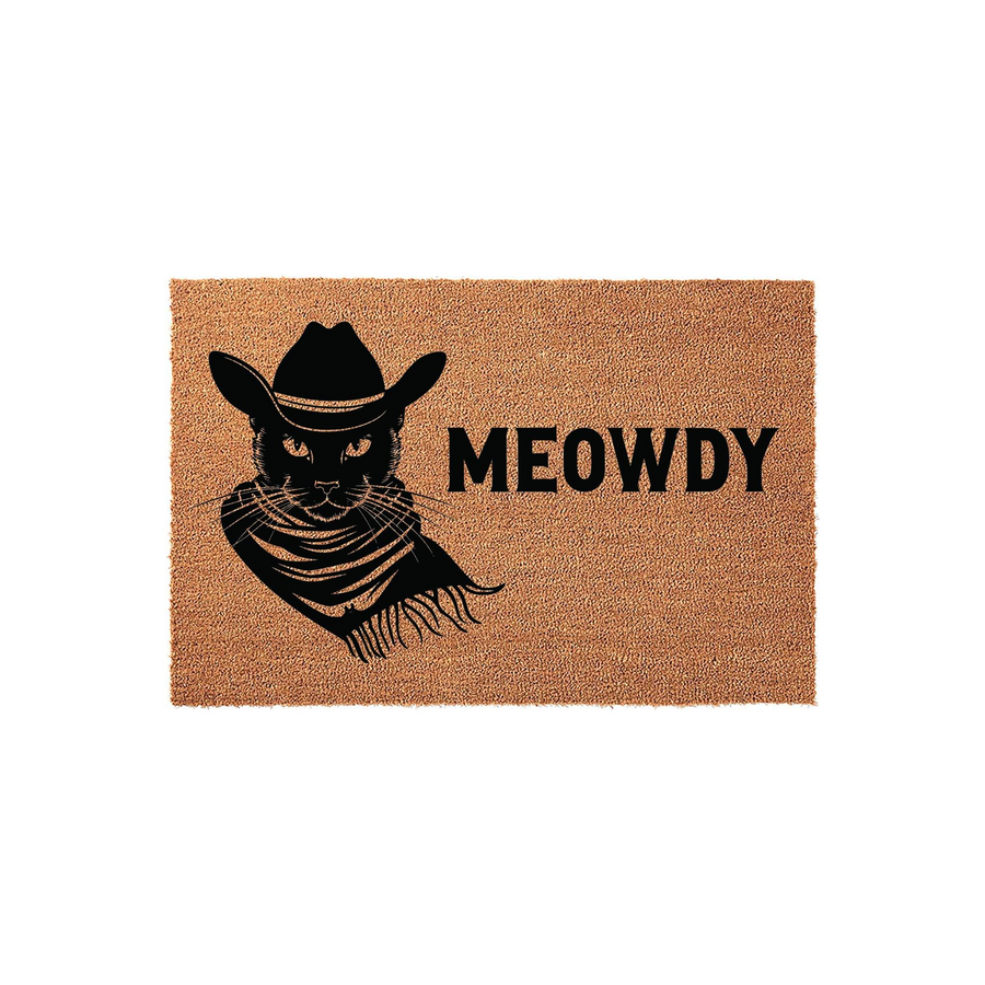 Meowdy Cowboy Cat Coir Doormat featuring a black graphic of a cat wearing a western hat and bandana on a natural tan fiber background, creating a fun and welcoming entryway decor piece for any cat lover who enjoys a rustic