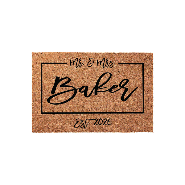 Personalized Mr. and Mrs. coir doormat featuring a black rectangular border, elegant script lettering for the family name, and the established year printed on a natural brown fiber background for a classic wedding or housewarming