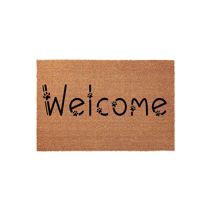 Paw Print Welcome Doormat featuring a natural coir fiber texture and black lettering where the letters are creatively formed by small dog or cat paw prints, set against a clean white background for a charming pet-themed entryway