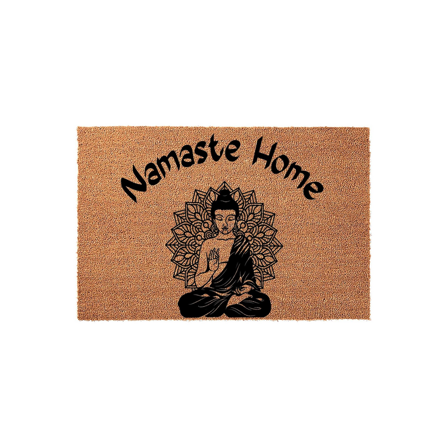 Namaste Home coir doormat featuring a black printed graphic of a meditating Buddha centered in front of an intricate mandala design, set against a natural tan textured fiber background for a peaceful entryway decor aesthetic.