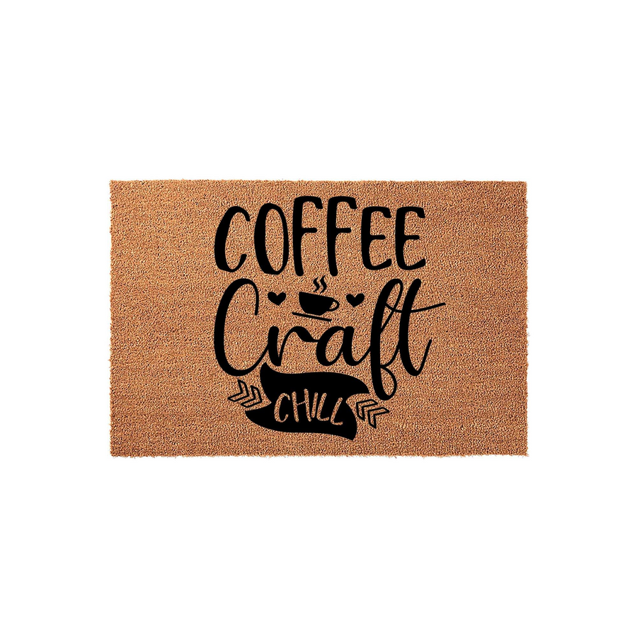 Coffee Craft Chill Coir Doormat featuring a natural brown fiber texture with bold black typography that reads Coffee Craft and Chill, creating a welcoming and stylish entryway accent for any home decor enthusiast who loves coffee.