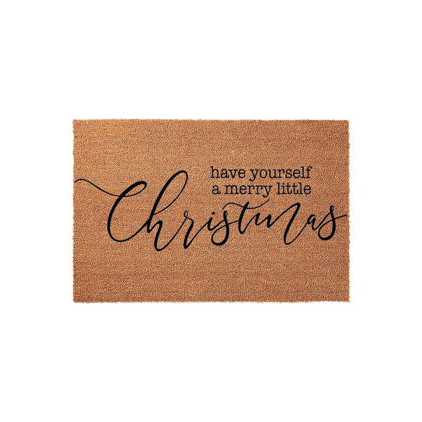 Have Yourself a Merry Little Christmas coir doormat featuring a natural brown fiber texture and elegant black script lettering, providing a festive holiday welcome for your front porch entrance during the winter season.
