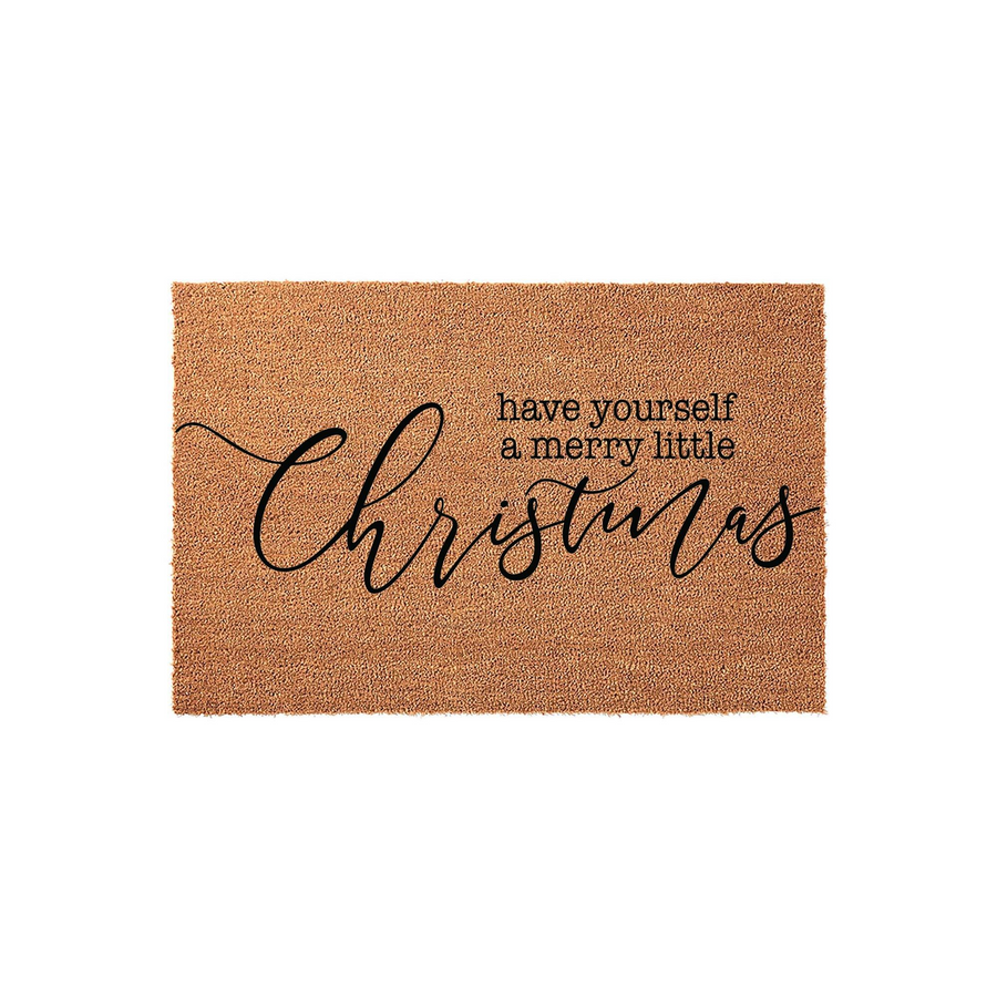 Have Yourself a Merry Little Christmas coir doormat featuring a natural brown fiber texture and elegant black script lettering, providing a festive holiday welcome for your front porch entrance during the winter season.