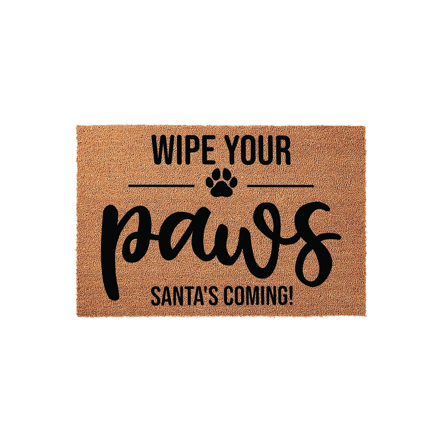 Wipe Your Paws Santa's Coming Christmas doormat made of natural coir fiber, featuring a playful paw print design and bold black lettering on a textured brown background for a festive holiday entryway decoration.