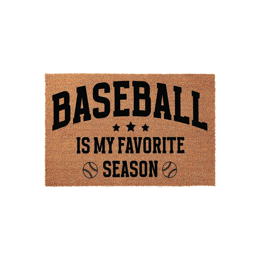 Baseball Is My Favorite Season coir doormat featuring bold black text and baseball graphics on a natural tan fiber background, creating a sporty and welcoming entrance for any home that loves the game of baseball during the