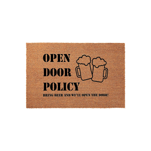 Open Door Policy coir doormat featuring a humorous message that says bring beer and we will open the door, complete with a graphic of two frothy beer mugs printed in black ink on a natural brown textured coconut fiber welcome mat.
