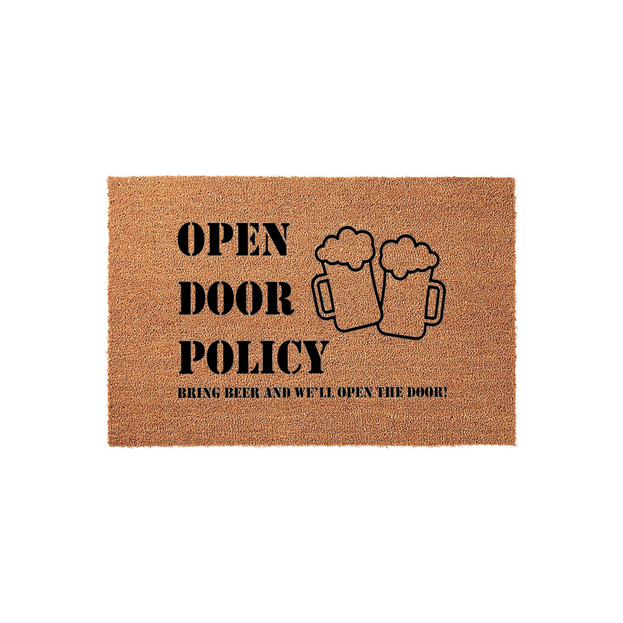 Open Door Policy coir doormat featuring a humorous message that says bring beer and we will open the door, complete with a graphic of two frothy beer mugs printed in black ink on a natural brown textured coconut fiber welcome mat.