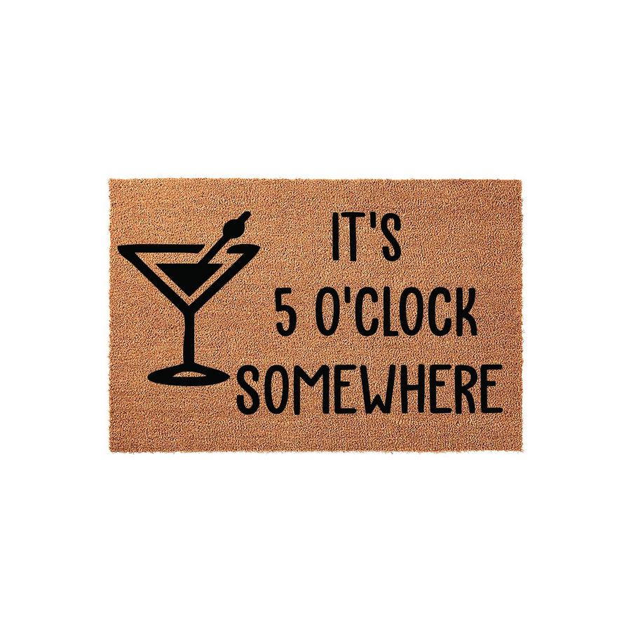 It's 5 O'Clock Somewhere coir doormat featuring a black martini glass graphic printed on a natural brown fiber background, making a fun and welcoming addition to any front porch or home entryway decor for cocktail lovers.