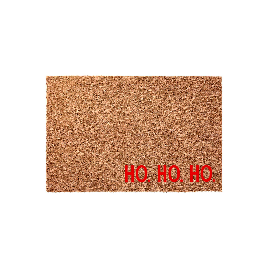 Ho Ho Ho Christmas doormat made of natural coir fiber, featuring bold red text printed in the bottom right corner against a textured brown background, perfect for adding festive holiday cheer to your front porch entryway decor.