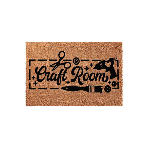Craft Room Coir Doormat featuring a natural brown fiber texture with a black printed design of scissors, a glue gun, and a paintbrush, perfect for adding a creative touch to the entrance of your dedicated hobby or sewing space.