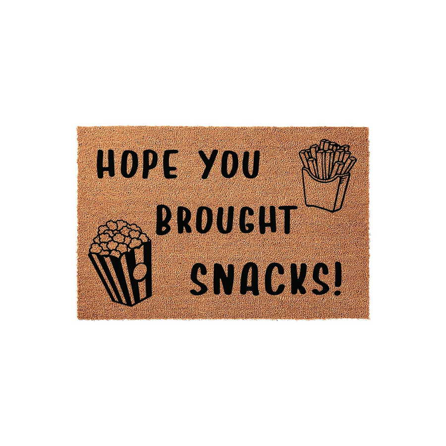 Hope You Brought Snacks Doormat featuring a natural coir texture with black text and illustrations of a popcorn bucket and french fries, creating a fun and welcoming entryway decor piece for any home that loves movie nights and