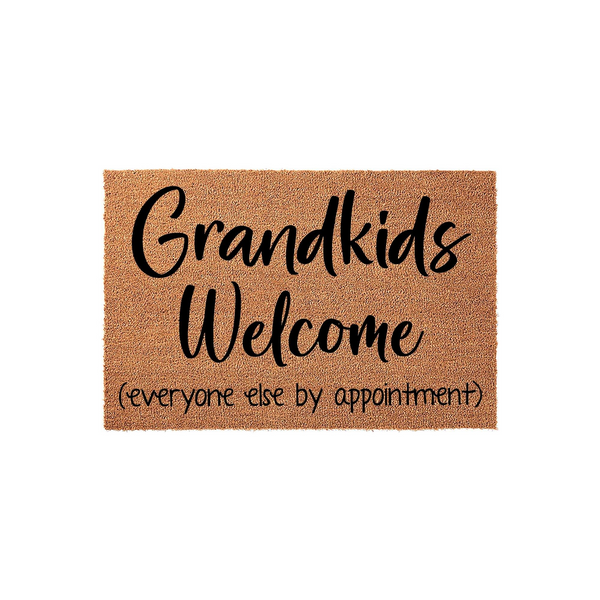 Grandkids Welcome doormat featuring a natural coir texture with bold black script text that reads Grandkids Welcome and everyone else by appointment, making a fun and humorous entryway decor piece for a grandparent's home front