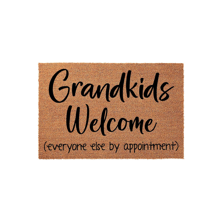 Grandkids Welcome doormat featuring a natural coir texture with bold black script text that reads Grandkids Welcome and everyone else by appointment, making a fun and humorous entryway decor piece for a grandparent's home front