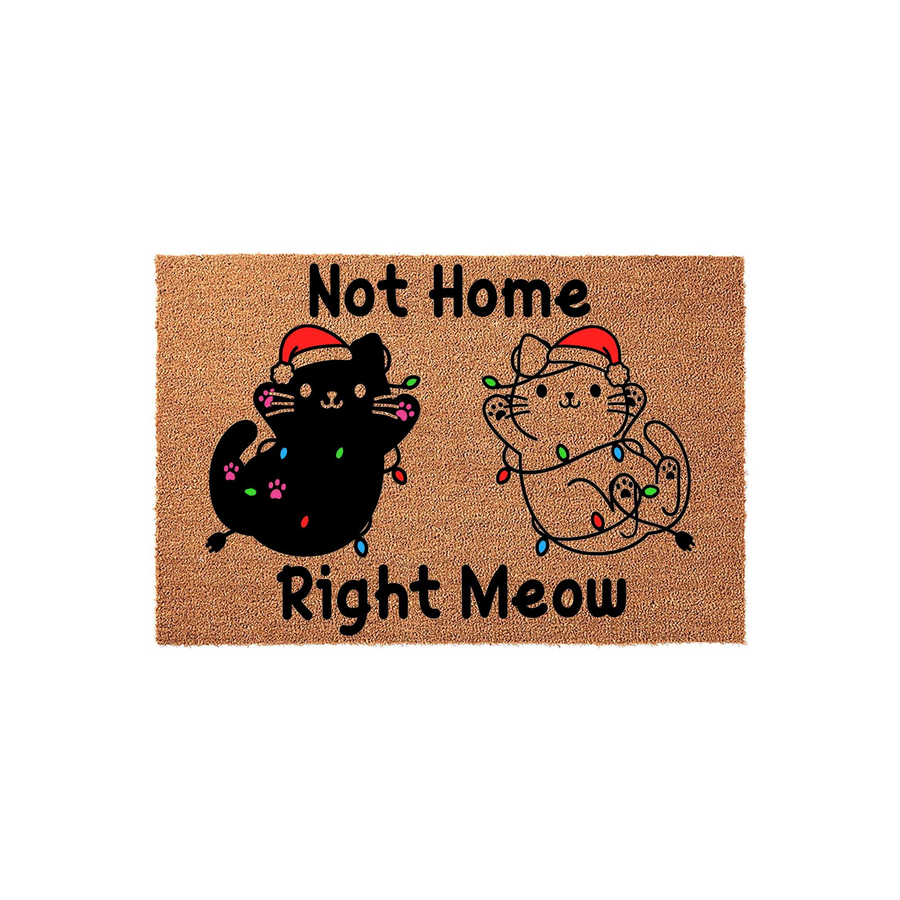 Funny Cat Christmas Doormat featuring two cute kittens wearing Santa hats and tangled in colorful holiday lights, with the text Not Home Right Meow printed on a natural coir fiber background for a festive holiday entryway decor.