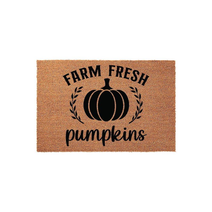Farm Fresh Pumpkins coir doormat featuring a rustic fall design with a black pumpkin graphic and elegant script text, set against a clean white background to highlight the natural texture of the durable outdoor welcome mat