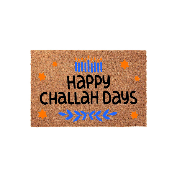 Happy Challah Days coir doormat featuring a festive Hanukkah design with blue candles, orange stars, and a leafy branch graphic printed on a natural brown textured fiber surface for a welcoming holiday entryway decoration.