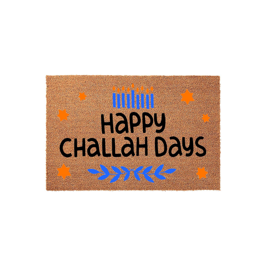 Happy Challah Days coir doormat featuring a festive Hanukkah design with blue candles, orange stars, and a leafy branch graphic printed on a natural brown textured fiber surface for a welcoming holiday entryway decoration.