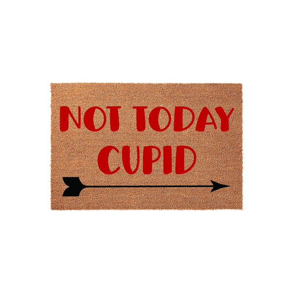 Not Today Cupid coir doormat featuring bold red text and a black arrow graphic on a natural brown fiber background, creating a humorous and festive front porch decor piece for Valentine's Day or anti-Valentine's Day home