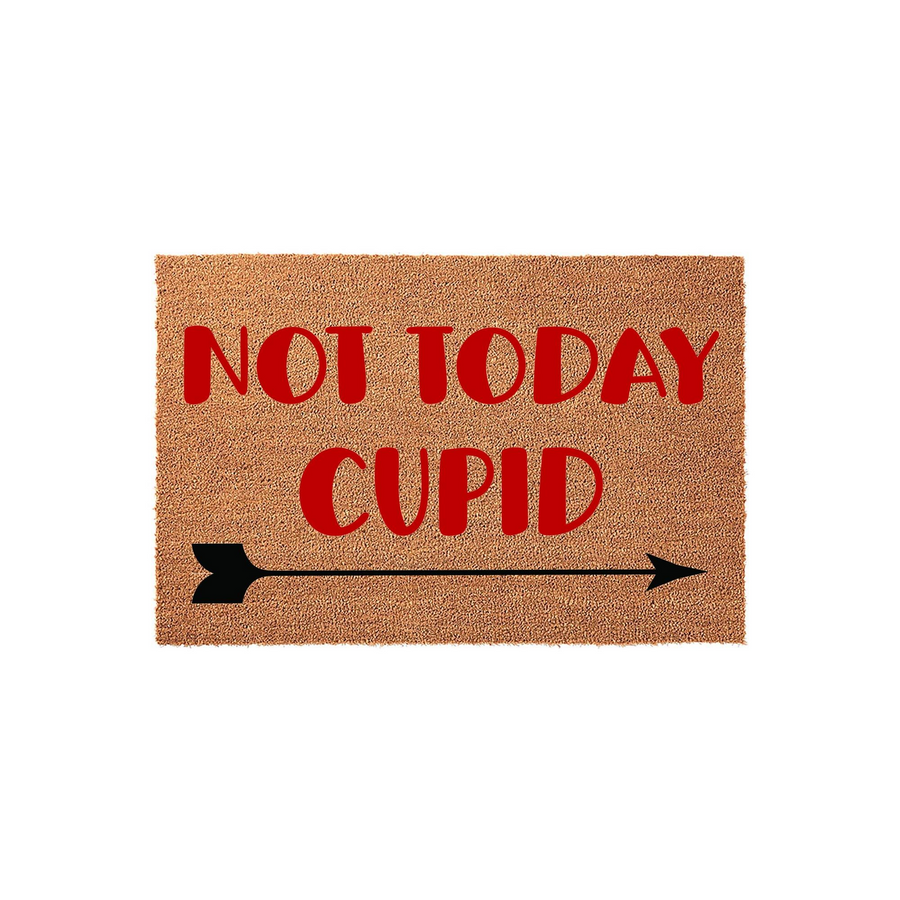 Not Today Cupid coir doormat featuring bold red text and a black arrow graphic on a natural brown fiber background, creating a humorous and festive front porch decor piece for Valentine's Day or anti-Valentine's Day home