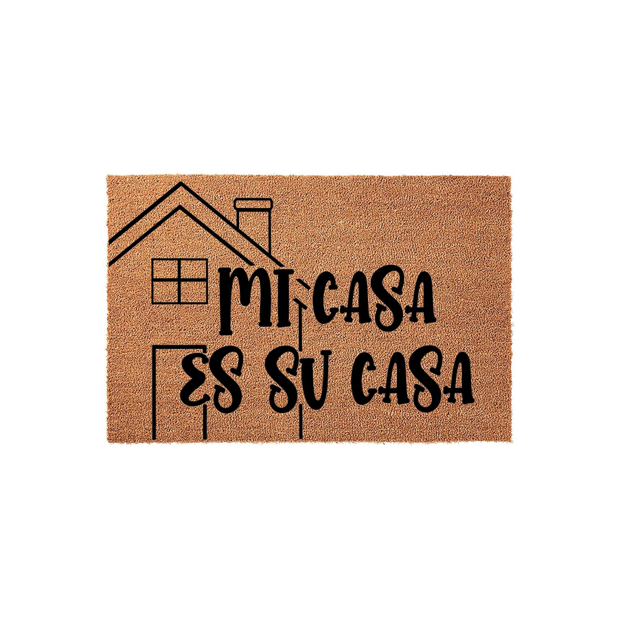 Mi Casa Es Su Casa coir doormat featuring a minimalist black line art house illustration on a natural tan fiber background, creating a welcoming entryway decor piece for your front porch or home entrance with a classic Spanish