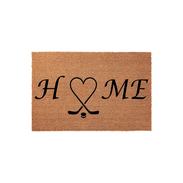 Hockey Home Coir Doormat featuring the word HOME with two crossed hockey sticks forming a heart shape in place of the letter O, set against a natural tan textured fiber background for a sports-themed front porch entrance decor.