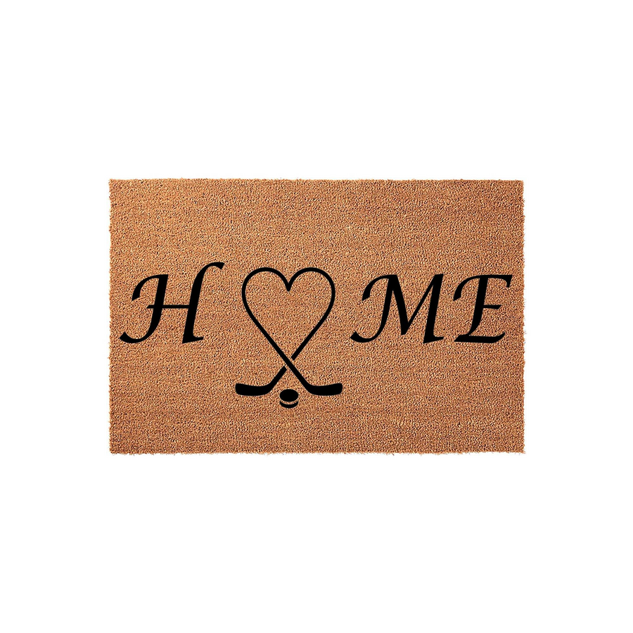 Hockey Home Coir Doormat featuring the word HOME with two crossed hockey sticks forming a heart shape in place of the letter O, set against a natural tan textured fiber background for a sports-themed front porch entrance decor.