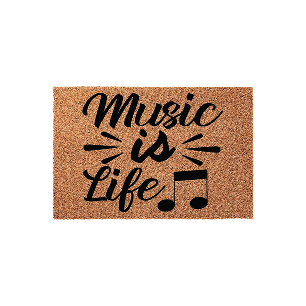 Music Is Life coir doormat featuring a natural tan fiber texture and bold black script lettering that reads Music is Life, accented with decorative lines and a musical note symbol for a charming entryway decor piece.