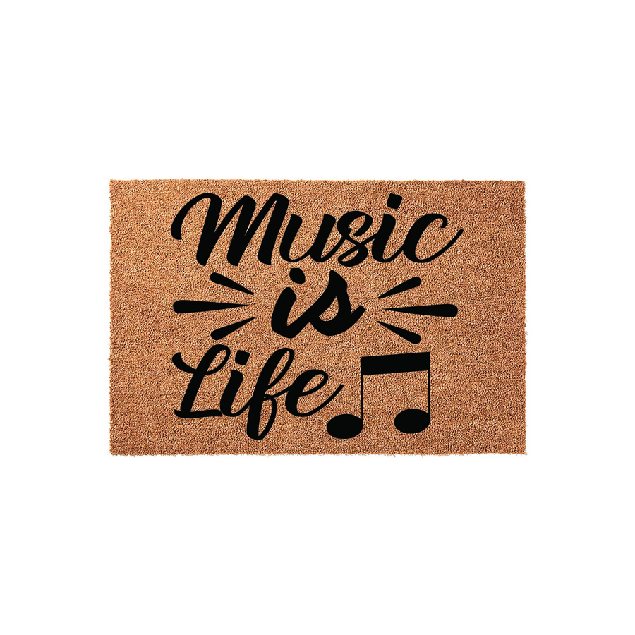 Music Is Life coir doormat featuring a natural tan fiber texture and bold black script lettering that reads Music is Life, accented with decorative lines and a musical note symbol for a charming entryway decor piece.