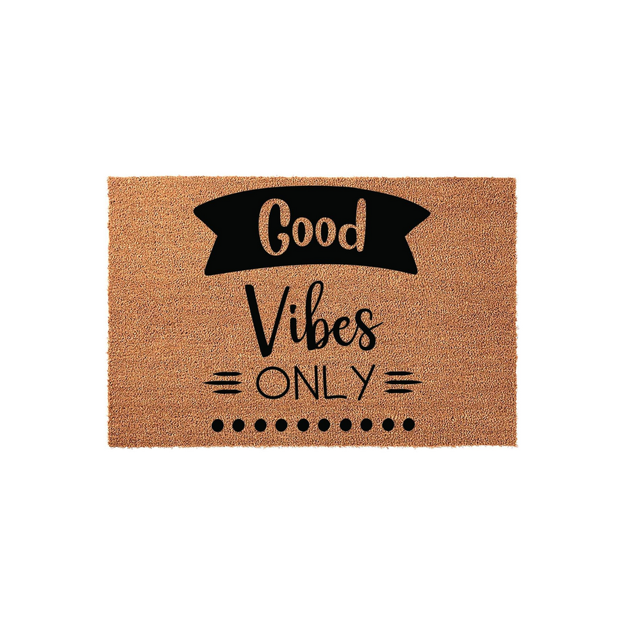 Good Vibes Only coir doormat featuring a natural brown fiber texture with black printed text and a decorative banner design, creating a welcoming and stylish entrance piece for your front porch or home entryway decor.